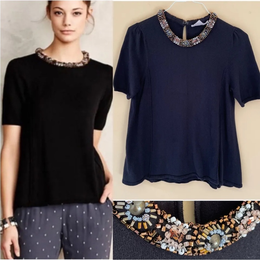 Anthropologie HWR Black Beaded Collar Knit Top
